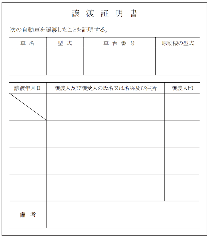 譲渡証明書のサンプル