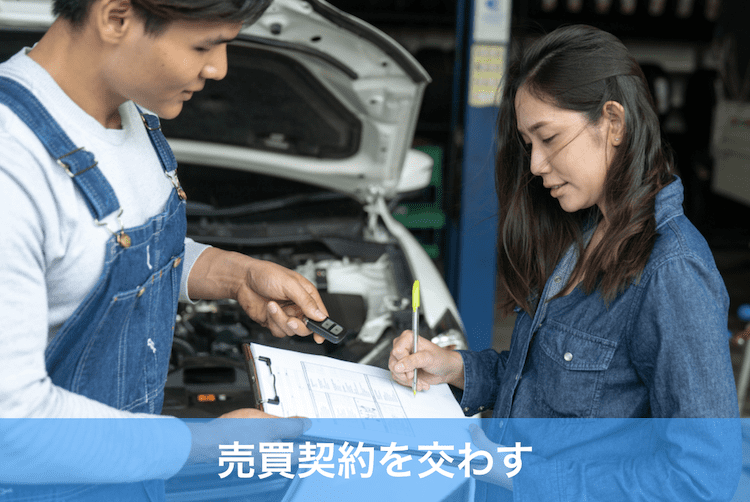 中古車の売買契約をする業者と車のオーナー