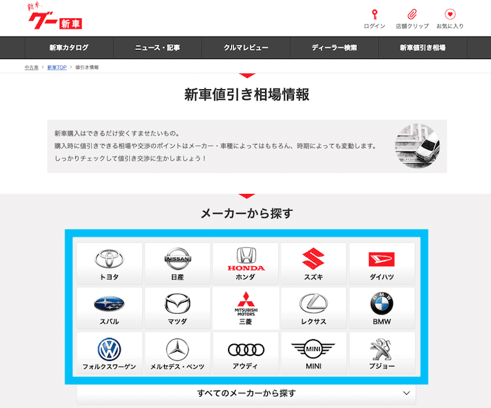 goo 新車値引き情報の表示方法①