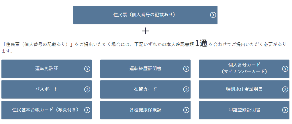 住民票(個人番号の記載あり)と合わせて1通の本人確認書類