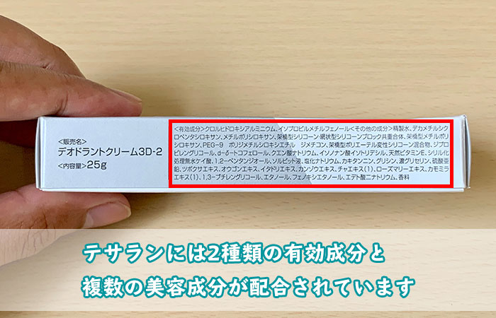 テサランには2種類の有効成分と複数の美容成分が配合されています